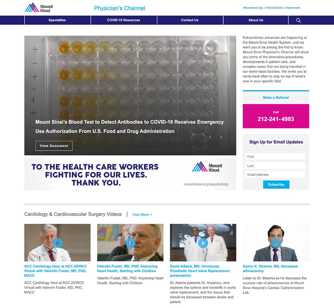 Mount Sinai Physician's Channel website with a thank-you banner for health care workers