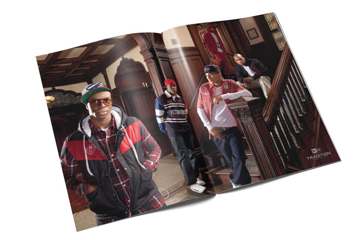 new-era-tradition-lookbook-open New Era Tradition lookbook open to a spread of young men in varsity jackets