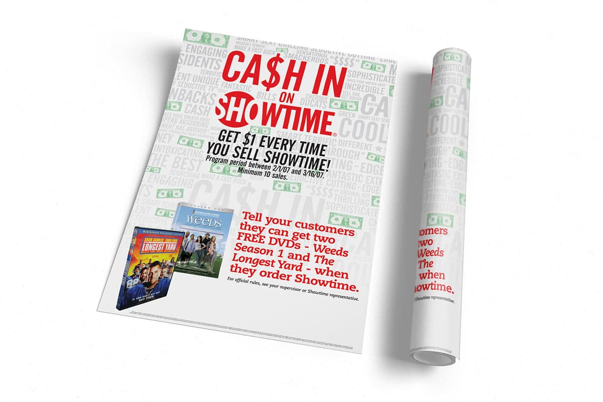 showtime-cash-in-poster Showtime 'Cash in on Showtime' sales incentive poster