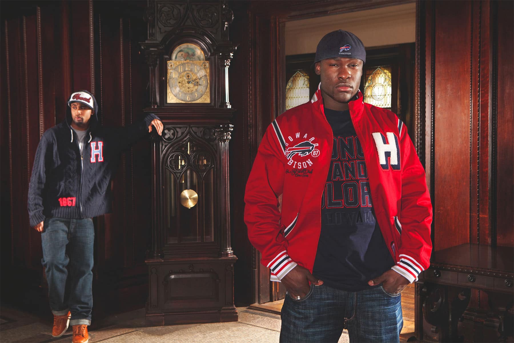 new-era-tradition-spread New Era Tradition lookbook photo: two young men in varsity jackets in a wood-paneled room
