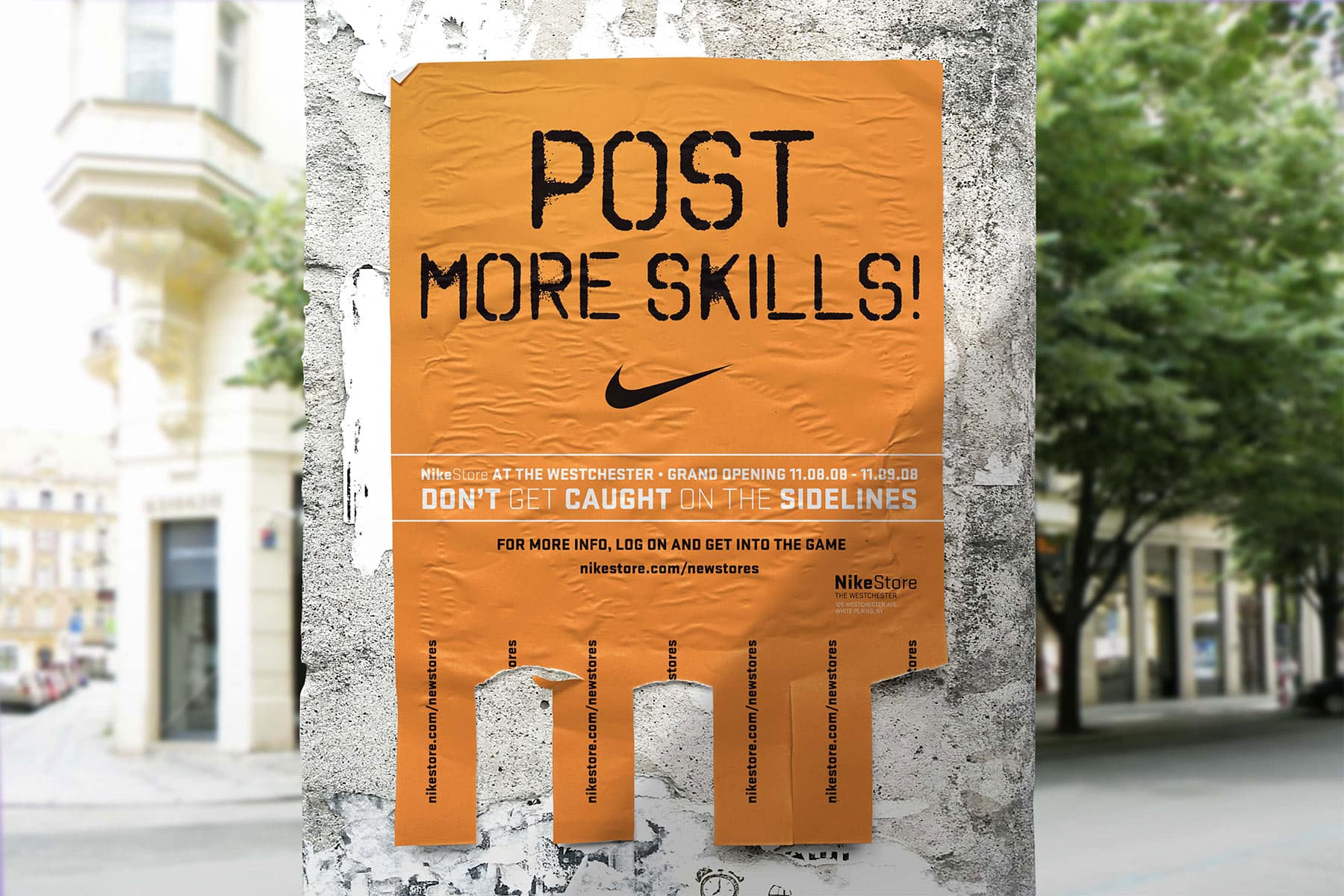 nike-post-more-skills-tear-off-poster Nike 'Post More Skills!' orange tear-off poster on a city street
