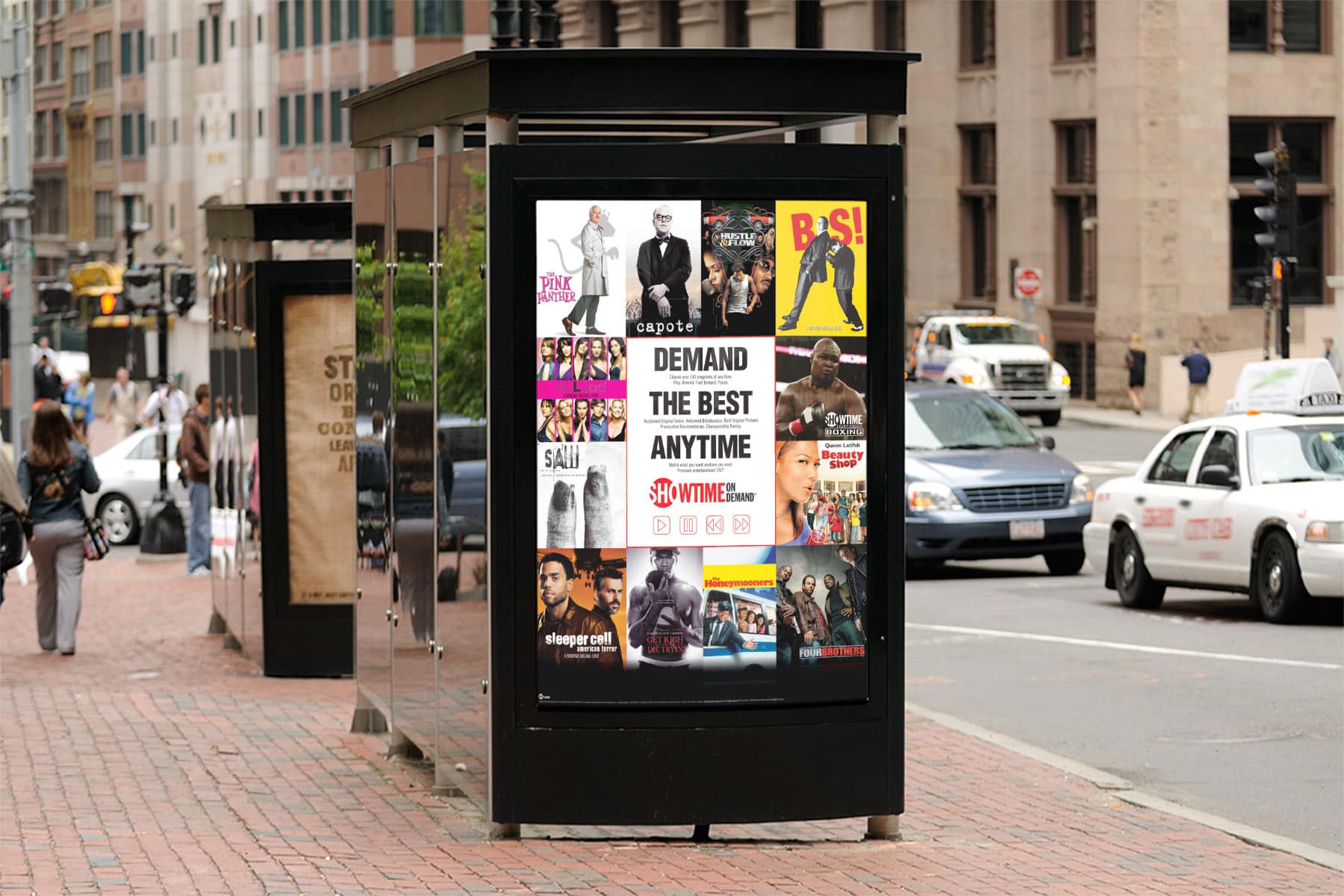 showtime-bus-shelter-ad Showtime 'Demand the best, anytime' bus shelter ad on a city street